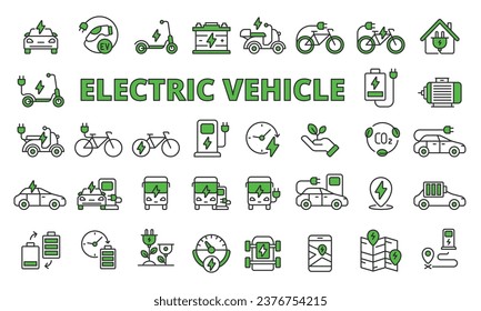 Elektrische Fahrzeugsymbole, die in der Linie grün eingestellt sind. Business, Roller, Elektroauto, Batterie, Elektromotor, Ladung, Ladestation Vektorgrafiken. Symbole für Elektrofahrzeuge