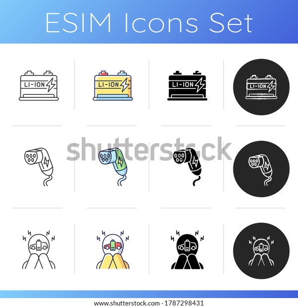 Electric\
vehicle icons set. Linear, black and RGB color styles. Modern eco\
clean transportation. Lithium ion battery, charging plug and EV\
range anxiety. Isolated vector\
illustrations