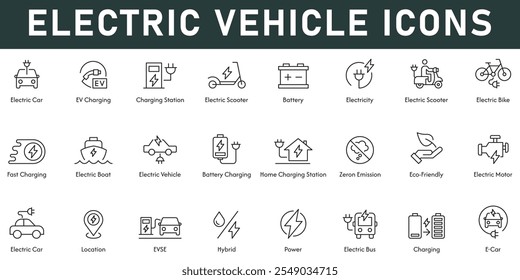 Elektrisches Fahrzeug Icons Vektorgrafik mit dünnen Linie editierbaren Hub enthält Elektroauto EV-Ladekraft Hybrid umweltfreundlich Batterie Laden Elektrobus Elektromotor Roller