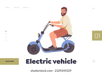 Plantilla de diseño de la página de aterrizaje de vehículos eléctricos con feliz hipster hombre montando moto moto moto