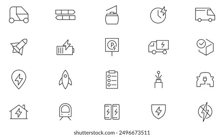 Electric vehicle line icon set. Charging station, battery, EV charging, car sharing, rent, cruises, car, bus, motorcycle, bicycle, truck, battery, electric motor outline icon collection. UI thin icon 