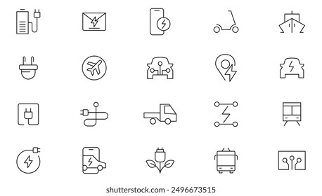 Symbolsatz für elektrische Fahrzeugleitungen. Ladestation, Batterie, EV-Aufladung, Car-Sharing, Miete, Kreuzfahrten, Auto, Bus, Motorrad, Fahrrad, LKW, Batterie, Elektromotor Skizze Symbol Sammlung. Thin-Symbol der Benutzeroberfläche 