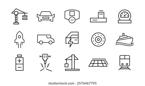 Electric Vehicle line icon set. EV, electric socket station, car plugged, battery, technology, home car charging, power station, taxi, road, race, automobile line icon set. Ui thin line icon pack.