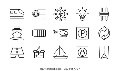 Electric Vehicle line icon set. EV, electric socket station, car plugged, battery, technology, home car charging, power station, taxi, road, race, automobile line icon set. Ui thin line icon pack.