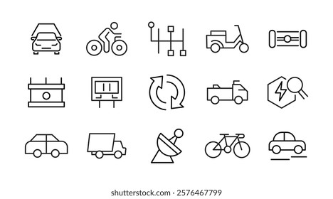 Electric Vehicle line icon set. EV, electric socket station, car plugged, battery, technology, home car charging, power station, taxi, road, race, automobile line icon set. Ui thin line icon pack.