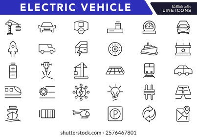 Electric Vehicle line icon set. EV, electric socket station, car plugged, battery, technology, home car charging, power station, taxi, road, race, automobile line icon set. Ui thin line icon pack.