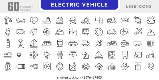 Electric Vehicle line icon set. EV, electric socket station, car plugged, battery, technology, home car charging, power station, taxi, road, race, automobile line icon set. Ui thin line icon pack.