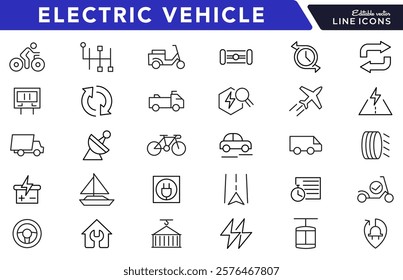 Electric Vehicle line icon set. EV, electric socket station, car plugged, battery, technology, home car charging, power station, taxi, road, race, automobile line icon set. Ui thin line icon pack.