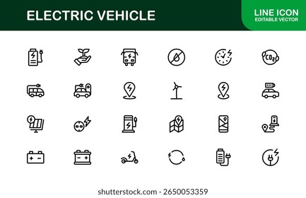 Electric Vehicle Line Icon Set. Modern, minimal, professional electric mobility line icon set showcasing EV technology, charging, battery, car, and sustainability concepts.