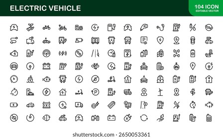 Electric Vehicle Line Icon Set. Modern, minimal, professional electric mobility line icon set showcasing EV technology, charging, battery, car, and sustainability concepts.