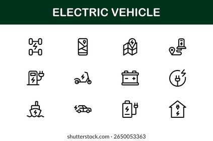 Electric Vehicle Line Icon Set. Modern, minimal, professional electric mobility line icon set showcasing EV technology, charging, battery, car, and sustainability concepts.
