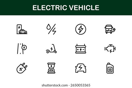Electric Vehicle Line Icon Set. Modern, minimal, professional electric mobility line icon set showcasing EV technology, charging, battery, car, and sustainability concepts.