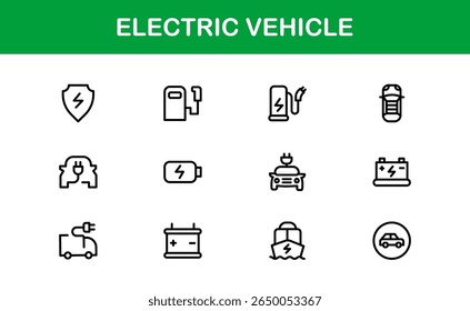 Electric Vehicle Line Icon Set. Modern, minimal, professional electric mobility line icon set showcasing EV technology, charging, battery, car, and sustainability concepts.