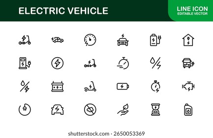 Electric Vehicle Line Icon Set. Modern, minimal, professional electric mobility line icon set showcasing EV technology, charging, battery, car, and sustainability concepts.