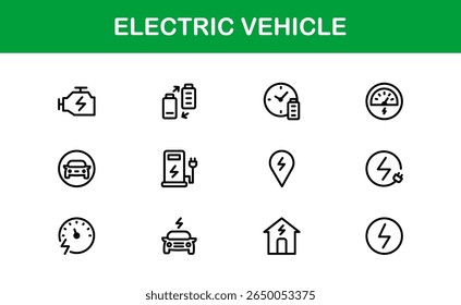 Electric Vehicle Line Icon Set. Modern, minimal, professional electric mobility line icon set showcasing EV technology, charging, battery, car, and sustainability concepts.