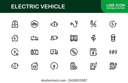 Electric Vehicle Line Icon Set. Modern, minimal, professional electric mobility line icon set showcasing EV technology, charging, battery, car, and sustainability concepts.