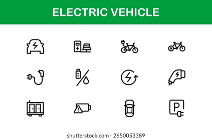 Electric Vehicle Line Icon Set. Modern, minimal, professional electric mobility line icon set showcasing EV technology, charging, battery, car, and sustainability concepts.