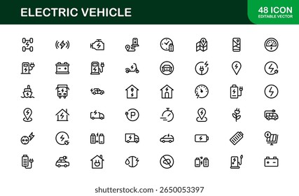 Electric Vehicle Line Icon Set. Modern, minimal, professional electric mobility line icon set showcasing EV technology, charging, battery, car, and sustainability concepts.