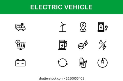 Electric Vehicle Line Icon Set. Modern, minimal, professional electric mobility line icon set showcasing EV technology, charging, battery, car, and sustainability concepts.