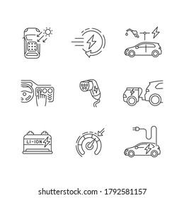 Iconos lineales del vehículo eléctrico. Moderno ecolimpio el transporte personalizable de los símbolos de contorno de línea delgada. Vehículos híbridos, totalmente eléctricos y solares. Ilustraciones aisladas del contorno vectorial. Trazo editable