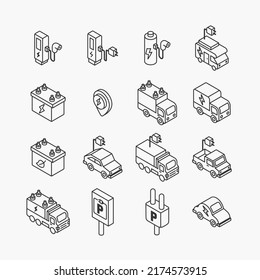 electric vehicle logo isometric flat line icons set. EV ECO clean energy technology icon. simple design vector