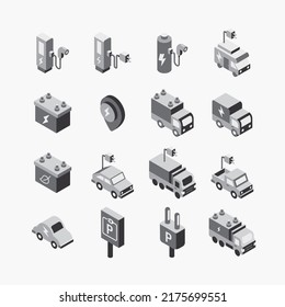 electric vehicle logo isometric flat icons set. EV ECO clean energy technology icon. simple design vector