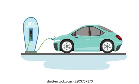 Electric Vehicle mini car charging parking at the charger station with a plug in cable.  Charging in the front side of car to battery. Isolated flat vector illustration on white background.