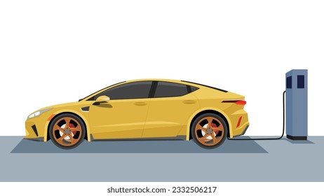 Electric Vehicle mini car charging parking at the charger station with a plug in cable.  Charging in the rear side of car to battery. Isolated flat vector illustration on white background.