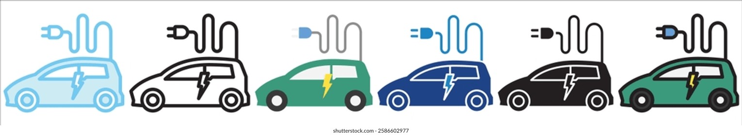 Electric Vehicle multi style, mini illustration icon. outline, flat, glyph, line color, UI, UX, app and web, digital or print. For education, construction, transportation, environment, urban planning.