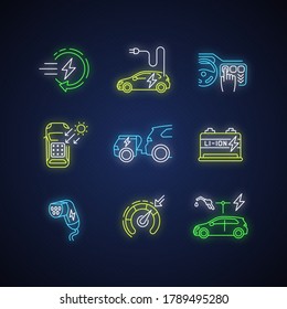 Electric Vehicle Neon Light Icons Set. Modern Eco Clean Transportation Signs With Outer Glowing Effect. Hybrid, Fully Electric And Solar Cars Benefits. Vector Isolated RGB Color Illustrations