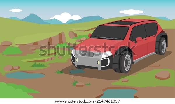 Electric vehicle off road car red color\
on soil road. Eco area and nature of green grass and flooding with\
stone. Mountain for the background under blue\
sky.