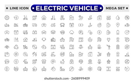 Electric Vehicle outline icons set. electric vehicle charging station, EV plug, bus, motorcycle, energy recovery, smart e car, Minimal outline icon collection.
