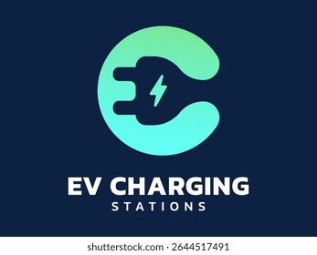 Electric vehicle with overlapping Pulg Connector Symbol in letter C logo vector design concept. EV charging logotype symbol for Electric Car, EV station, ui, business, infographic, clean energy.