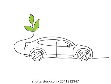 Electric vehicle with plant in continuous one line drawing. Go green energy concept promoting environmental conservation.