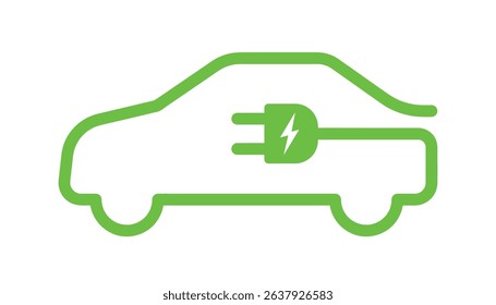 Electric vehicle with a plug and battery icon. Green charging station logo for hybrid cars. Eco-friendly transportation concept. Vector illustration on a white background, clean energy and mobility