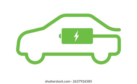 Electric vehicle with a plug and battery icon. Green charging station logo for hybrid cars. Eco-friendly transportation concept. Vector illustration on a white background, clean energy and mobility