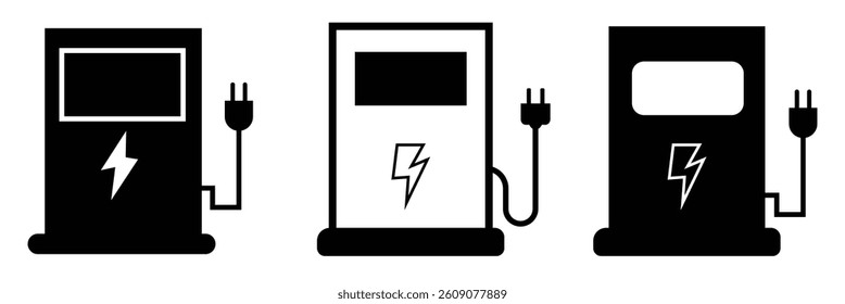 Electric vehicle with plug icons. Electric vehicle charging point icons. EV car, green hybrid vehicle charging station symbol. Eco friendly vehicle concept. Vector illustration.