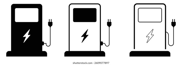 Electric vehicle with plug icons. Electric vehicle charging point icons. EV car, green hybrid vehicle charging station symbol. Eco friendly vehicle concept. Vector illustration.
