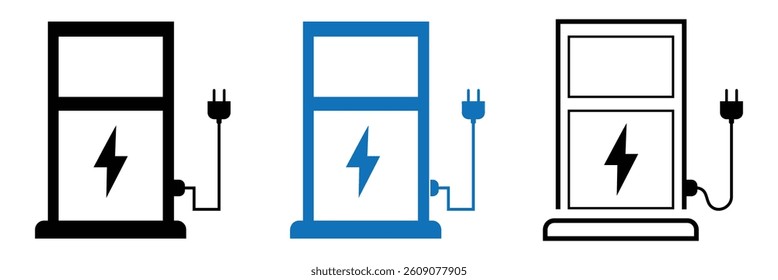 Electric vehicle with plug icons. Electric vehicle charging point icons. EV car, green hybrid vehicle charging station symbol. Eco friendly vehicle concept. Vector illustration.