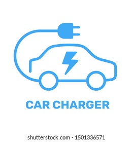 Electric vehicle power charging station. Electrical car symbol. Electric car icon with charging cable. Vector illustration. EPS 10.