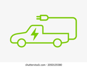 Electric vehicle power charging vector icon isolated on white background. Electrical car symbol. EV icon with charging cable. Pick up automotive body-style variant.