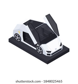Electric vehicle production isometric composition with isolated image of futuristic car on platform vector illustration