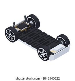 Electric vehicle production isometric composition with isolated image of assembled driving bogie on blank background vector illustration