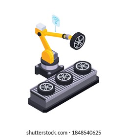 Electric Vehicle Production Isometric Composition With Wireless Arm Manipulator Assembling Car Tires And Wheels Vector Illustration