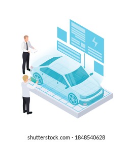 Electric vehicle production isometric composition with people looking at holographic projection of modern car with vector illustration