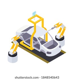 Electric vehicle production isometric composition with arm manipulators and conveyor line with car body vector illustration