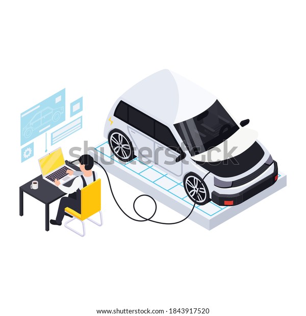 Electric vehicle production isometric\
composition with electric automobile connected to laptop operated\
by technician vector\
illustration