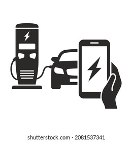 Electric vehicle recharging point. EV charging station. Electric car charger. Battery level and charging state on mobile app. Vector icon isolated on white background.