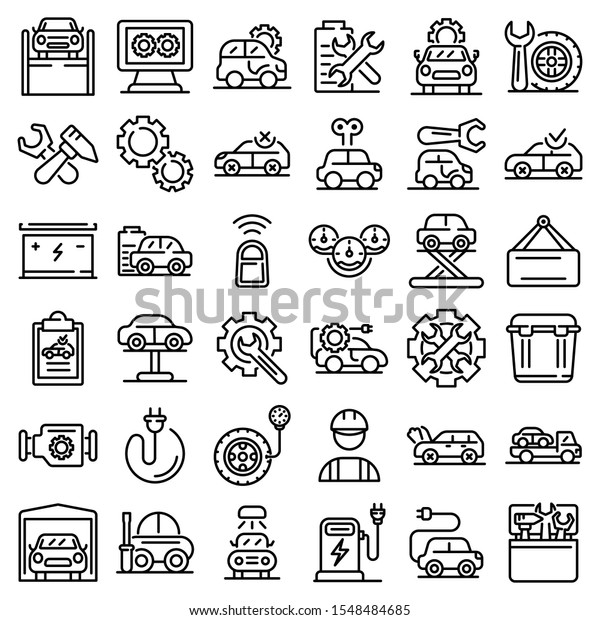 Electric vehicle repair icons set. Outline set\
of electric vehicle repair vector icons for web design isolated on\
white background