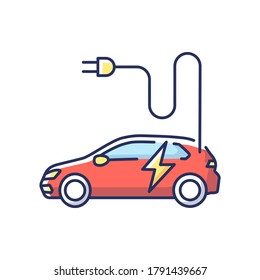 Electric vehicle RGB color icon. Modern environmentally clean automobile on alternative energy. Electric car with battery charging plug Isolated vector illustration